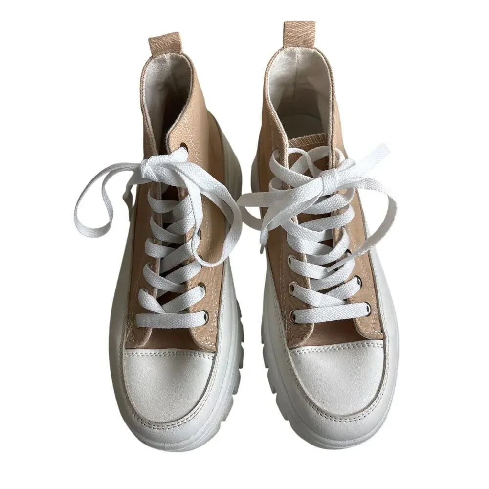 Beige Canvas Platform Sneakers Lug Sole Lace-Up Size 7 (Estimated)